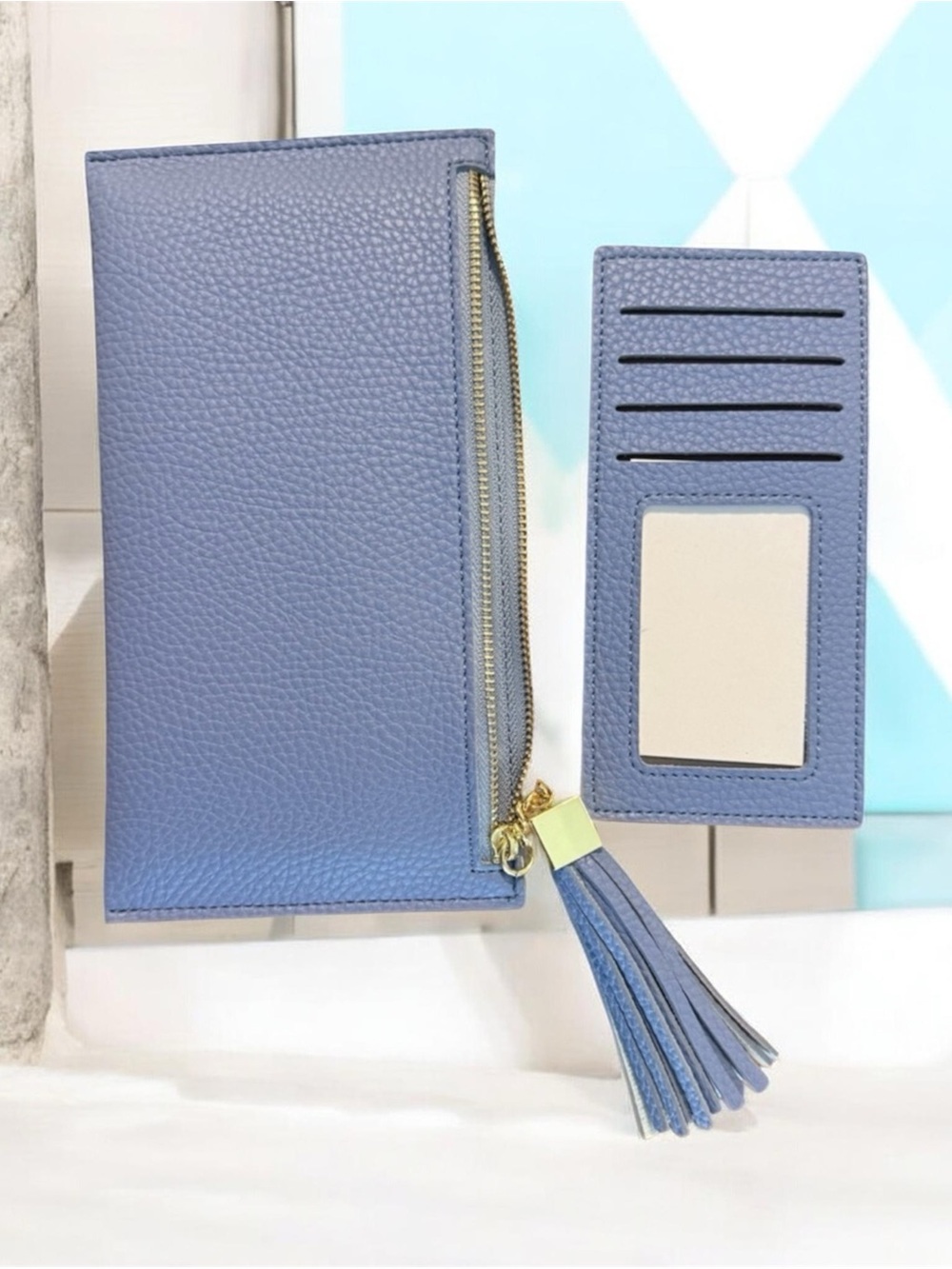 Dusty Blue Leather Zipper Wallet with Tassel